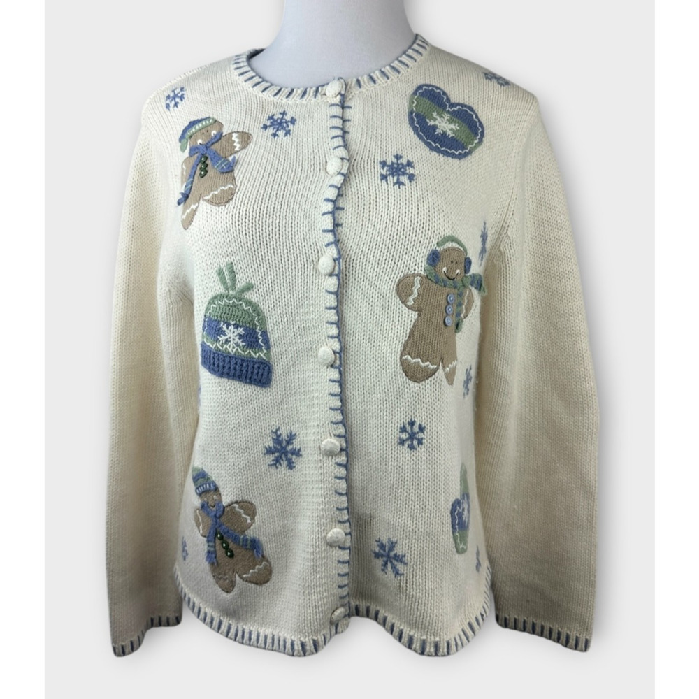 Croft & Barrow Gingerbread Knit Cardigan Sweater Winter Snow Ramie Blend Medium - Picture 2 of 16